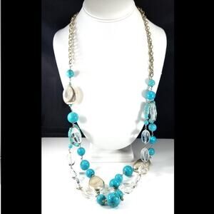 Chico's Long Gemstone Clear Lucite Silver Large Beaded Necklace, 40 Inches